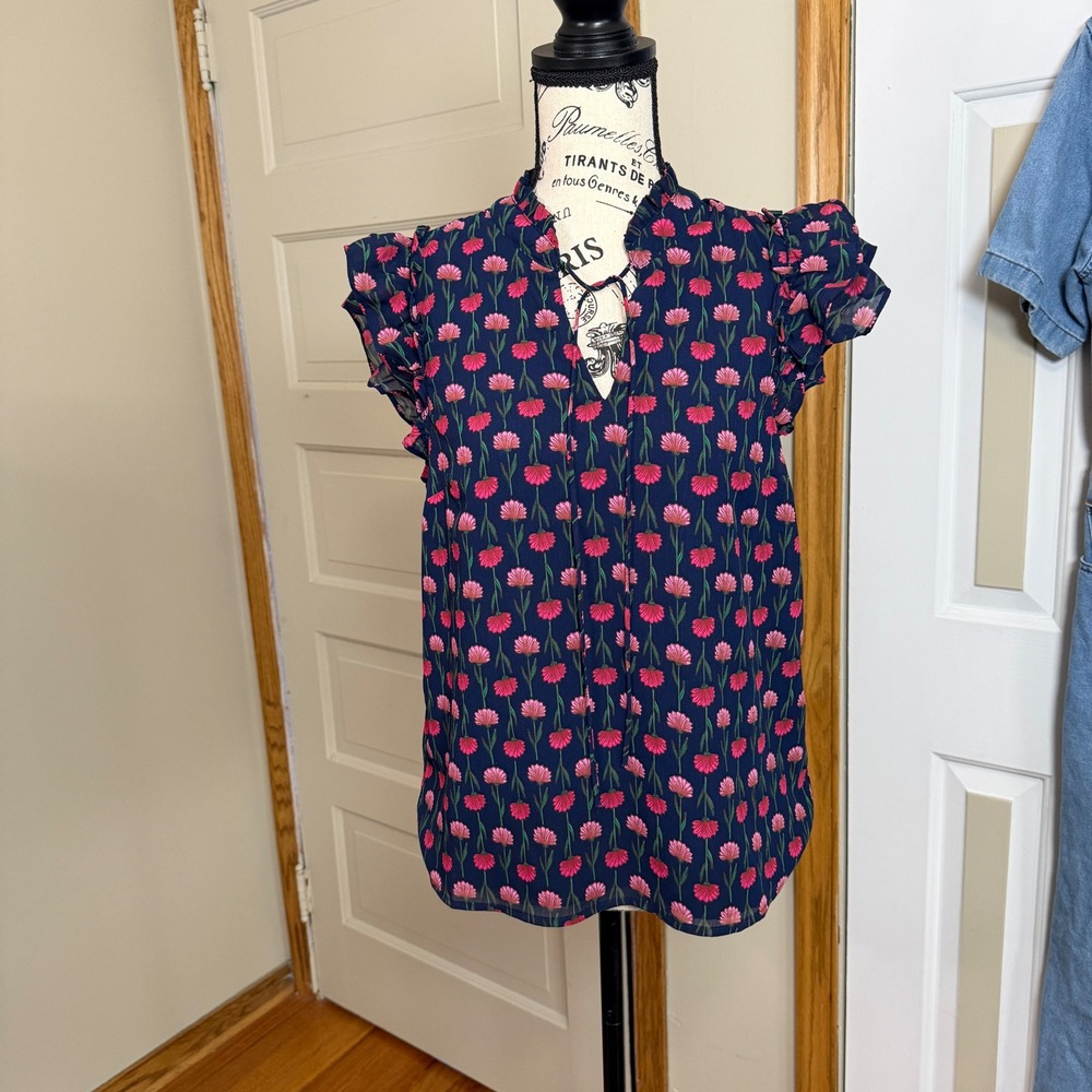J.CrewPreppy Pink Floral Ruffle Flutter Sleeve Tie Neck Top Teacher Professional